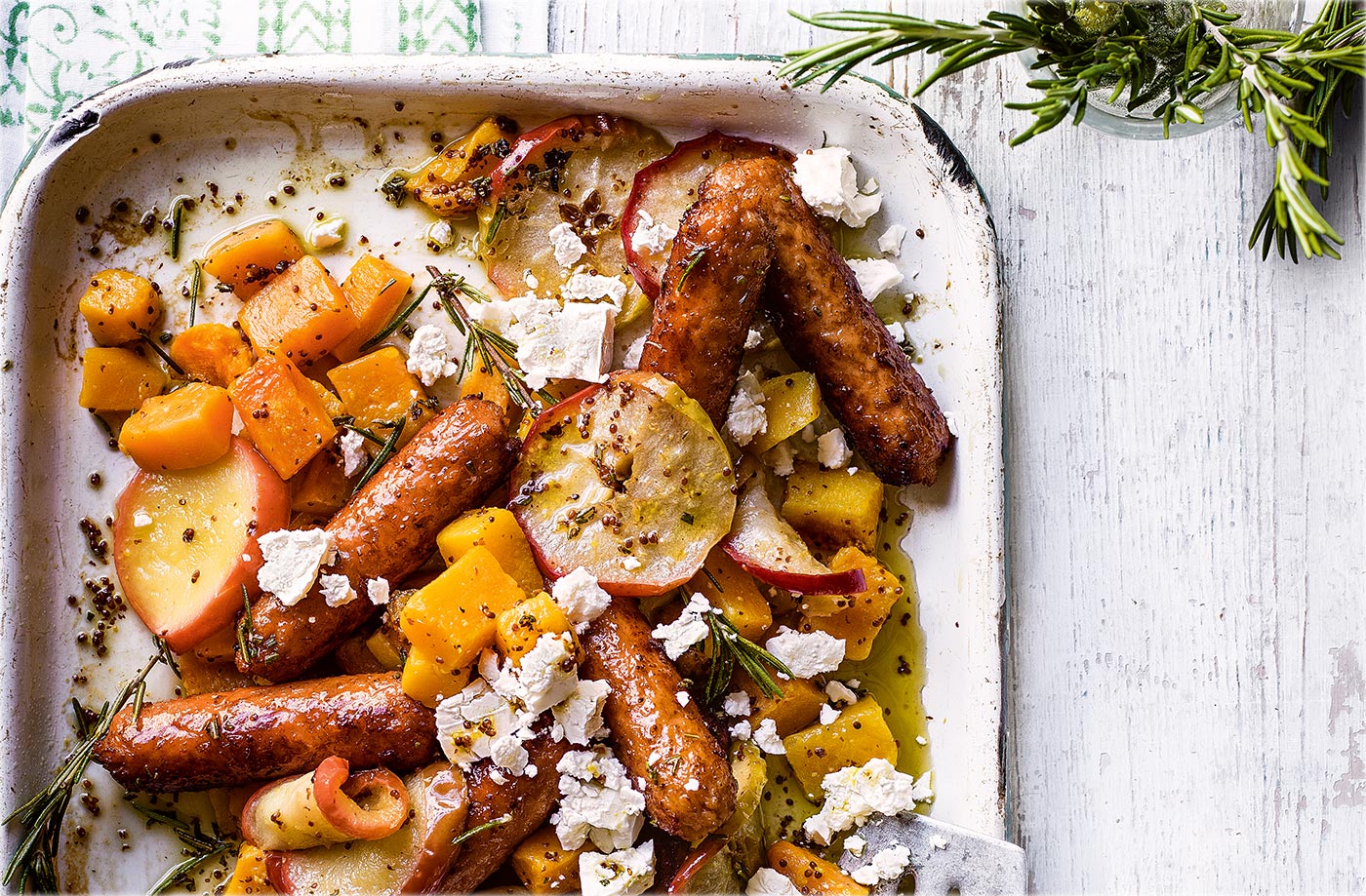 Veggie sausage and butternut squash traybake