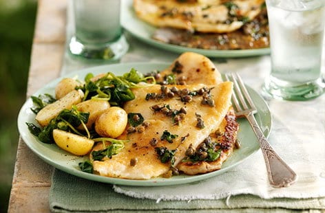 Image of "Pan-fried lemon sole with caper and parsley dressing"