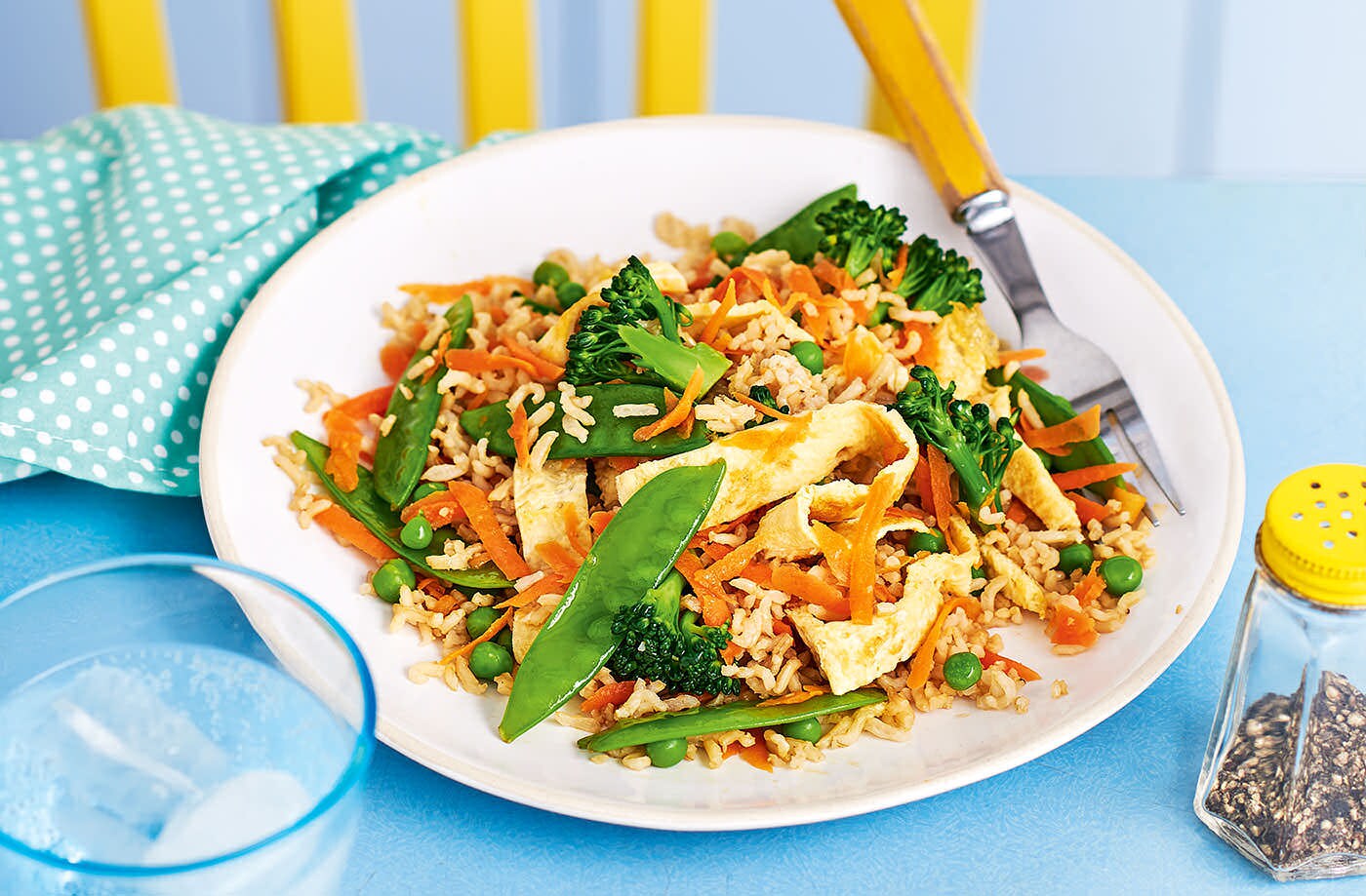 Vegetable fried rice with egg ribbons