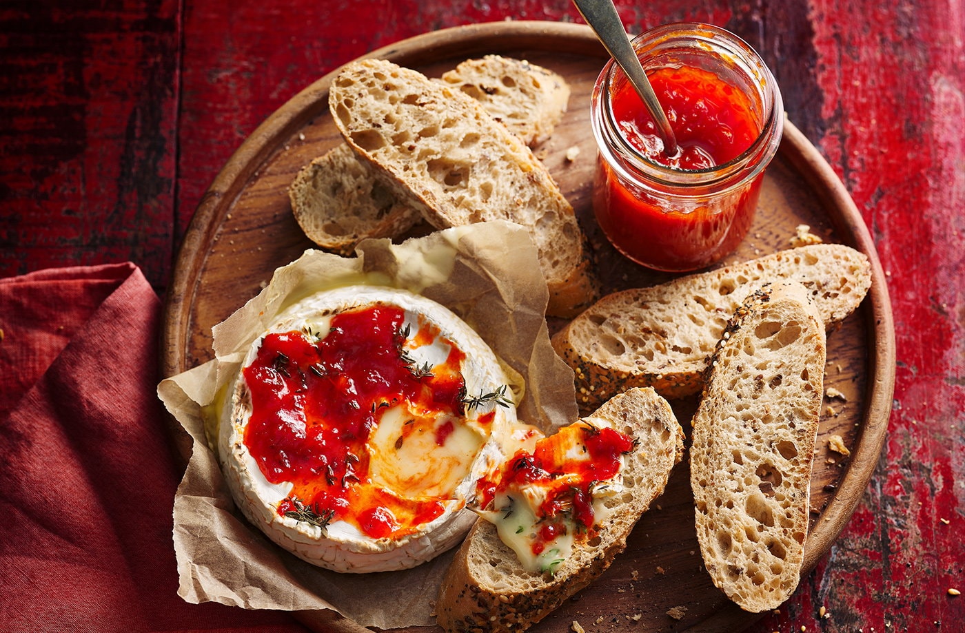 Baked camembert with thyme and chilli relish