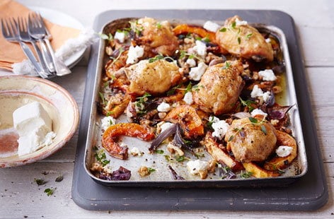 Image of "Baked chicken thighs with butternut squash and goat’s cheese"