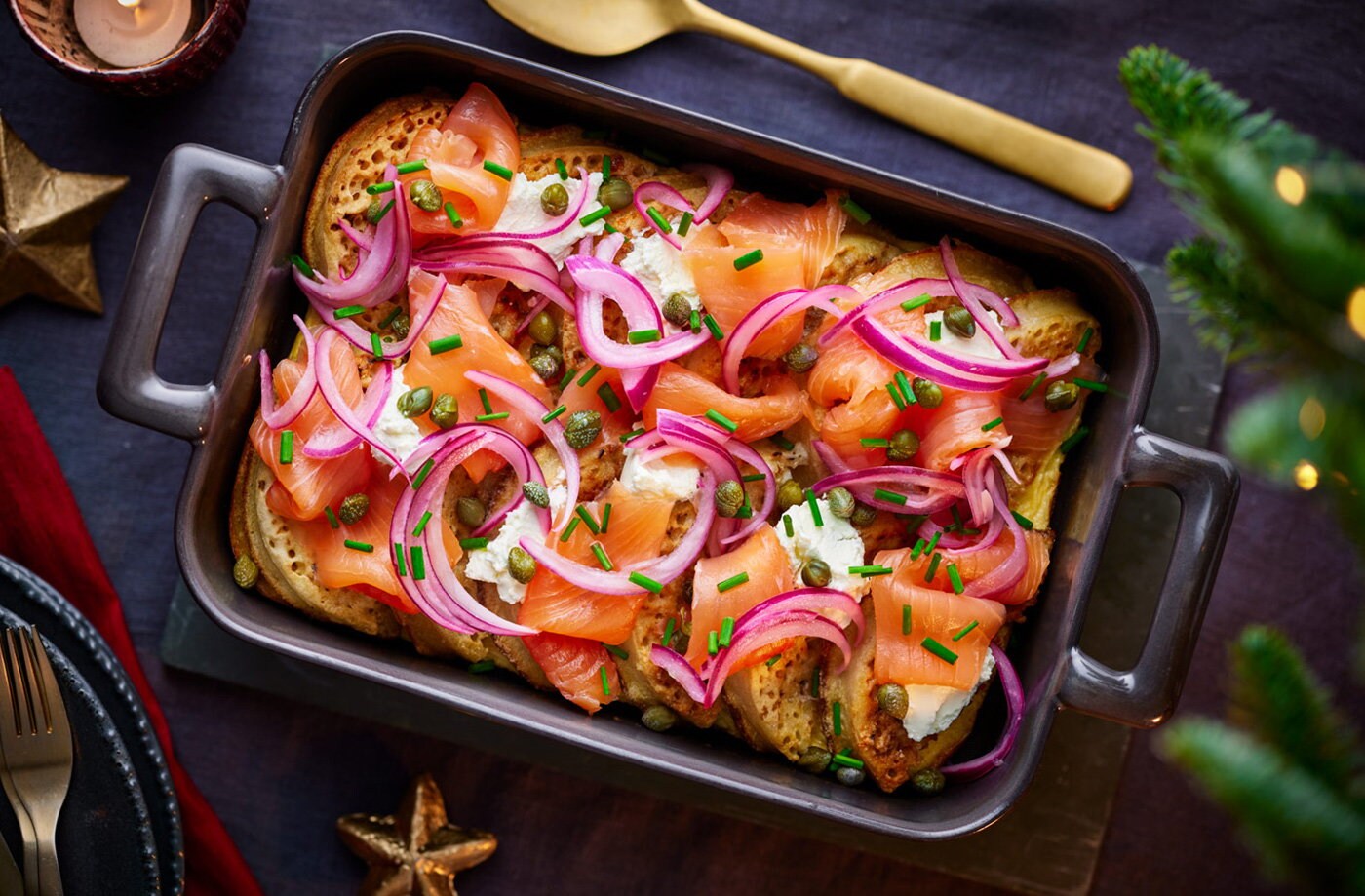 Smoked salmon and crumpet bread and butter pudding