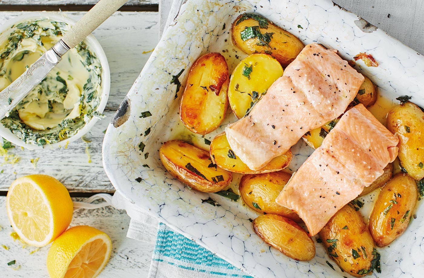 Roast trout and new potatoes with herb butter