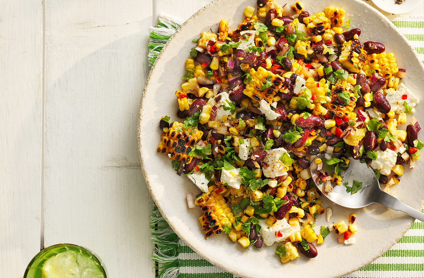 Charred chilli corn and smoky bean salad with sweet potatoes