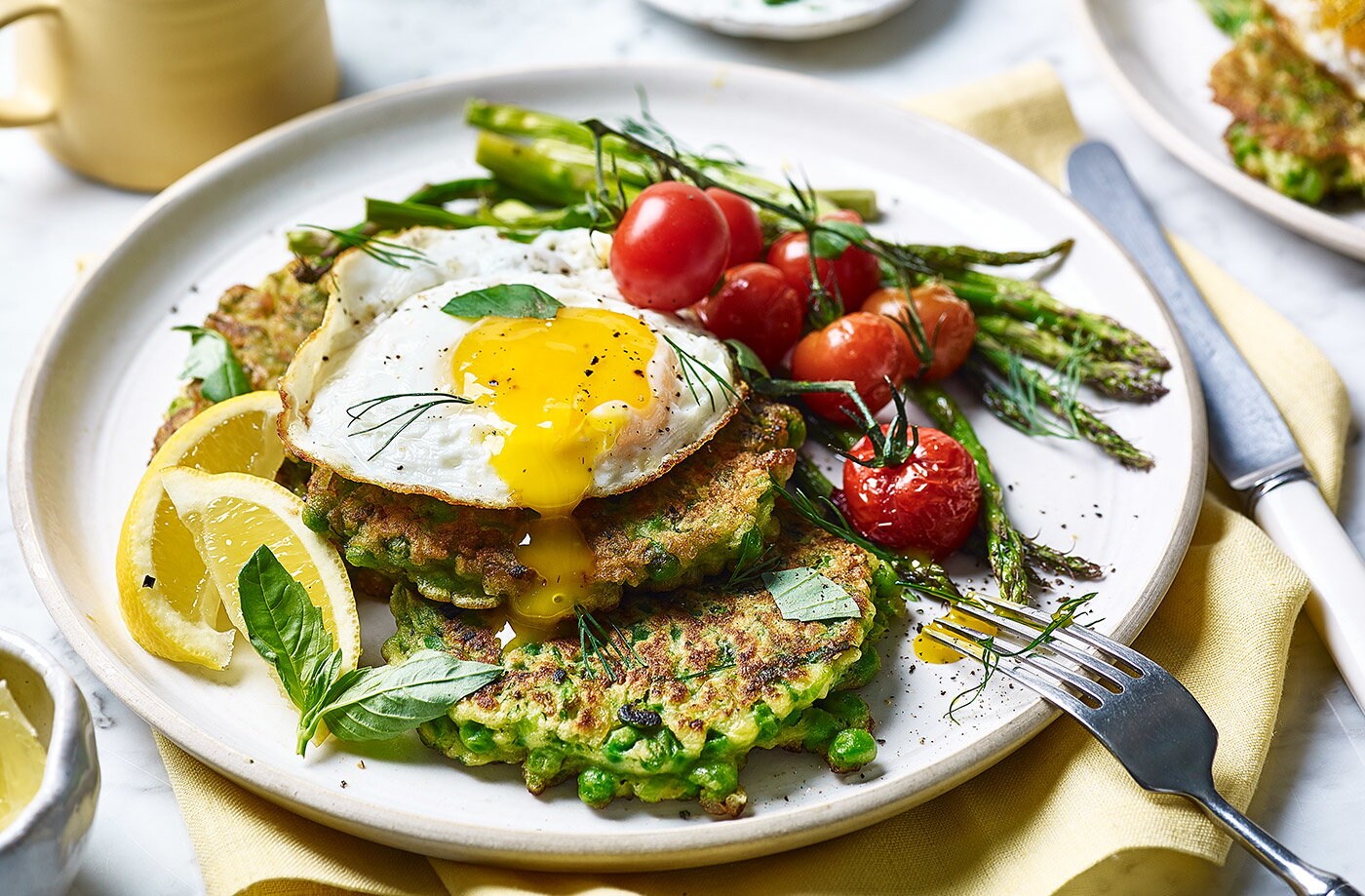 Spring pea and basil fritters with fried eggs
