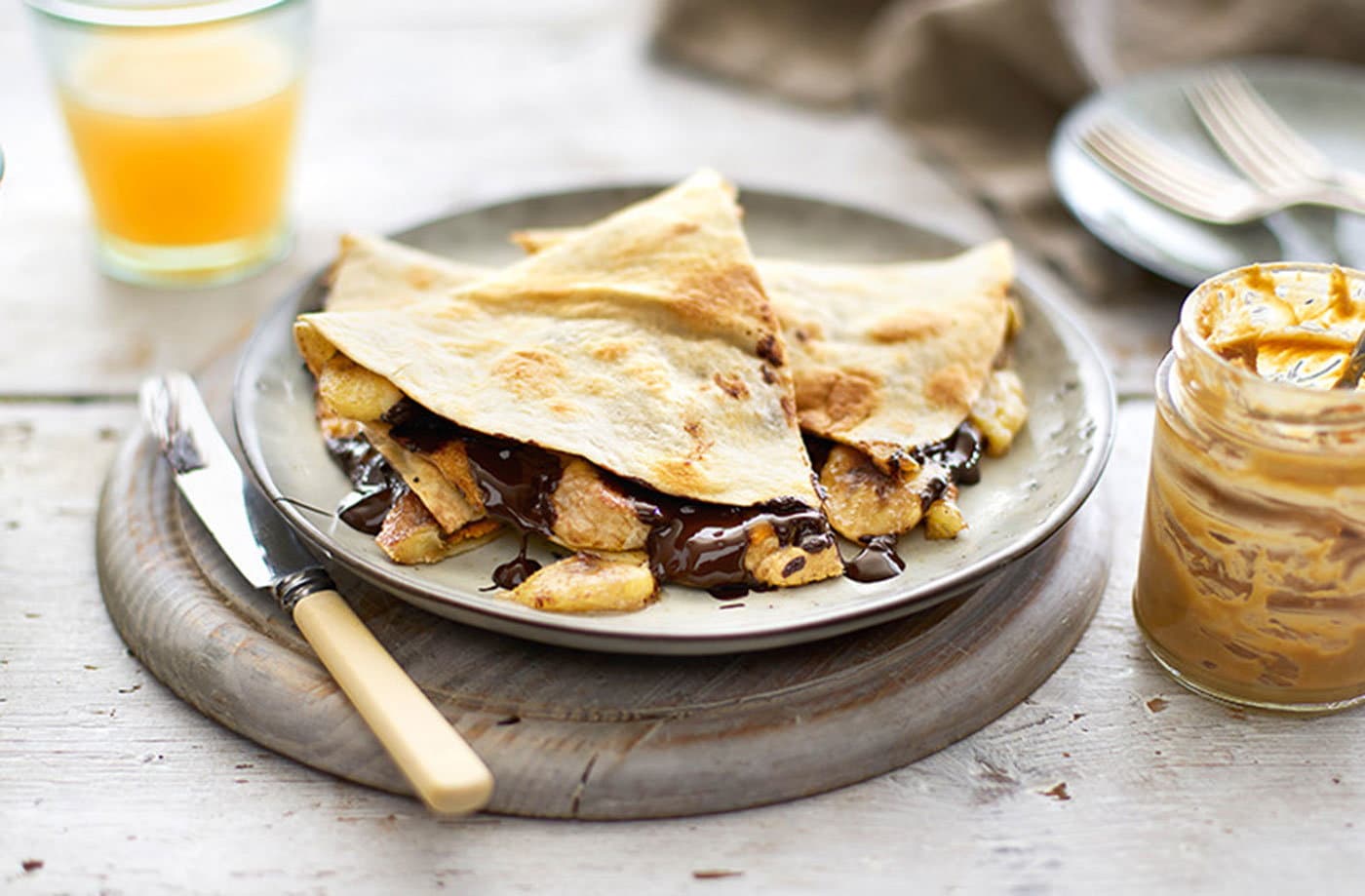 Cinnamon-spiced peanut butter and banana quesadilla