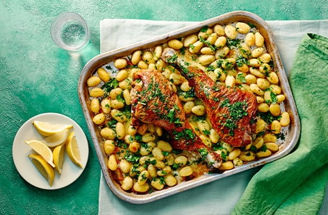 Image of "Turkey legs with herby butter and crispy gnocchi"