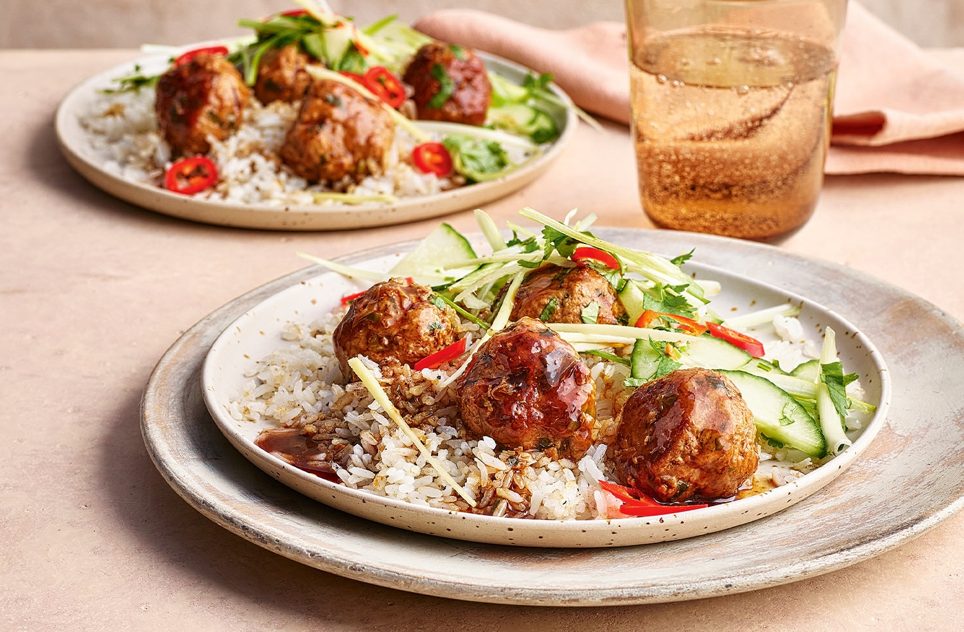 Teriyaki pork meatballs with crispy rice
