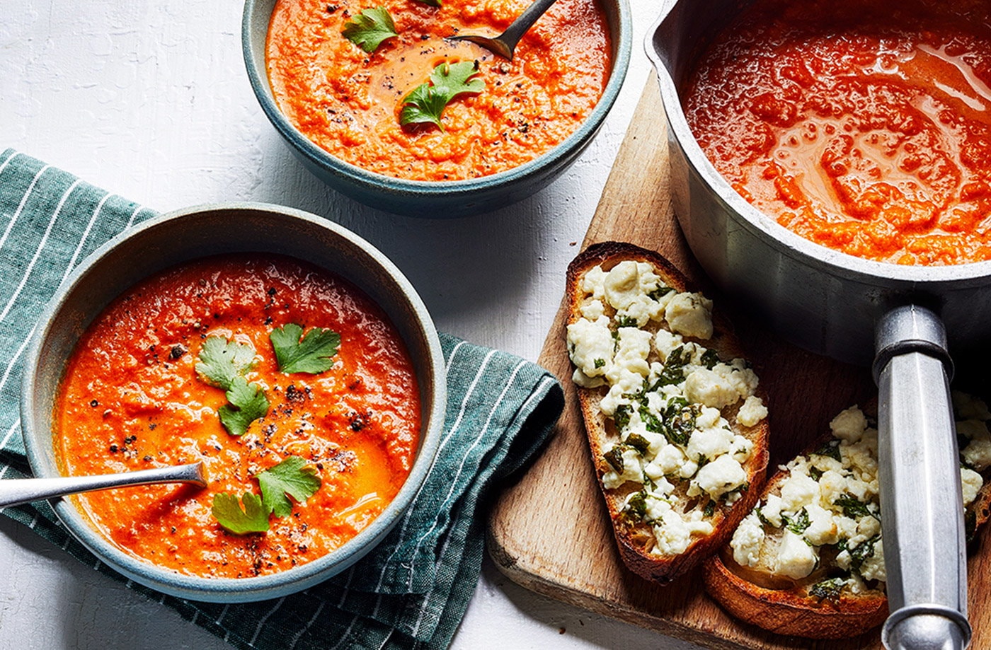 Harissa tomato soup with feta toasts