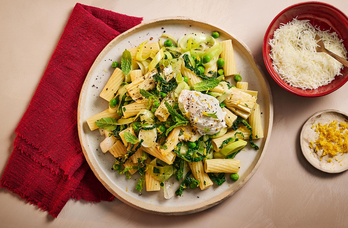 Lemony leek, cabbage and artichoke rigatoni