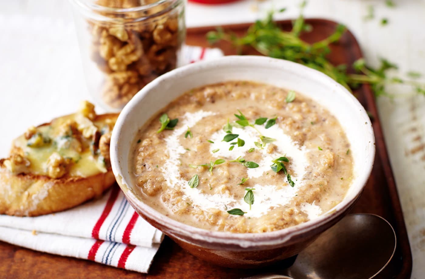 Mushroom, thyme and wild rice soup with Stilton and walnut croutes