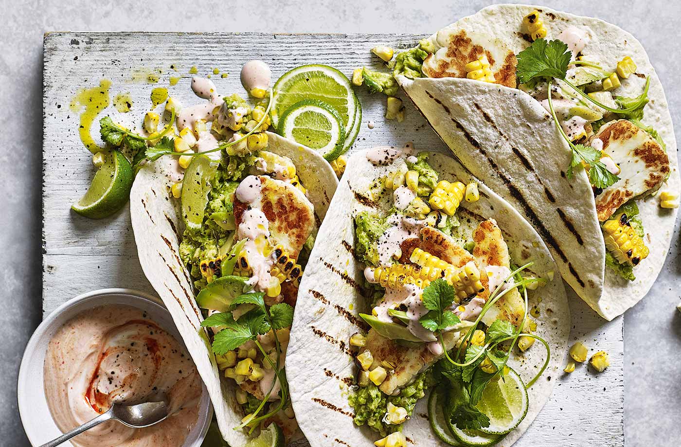 Smashed avocado and halloumi breakfast tacos
