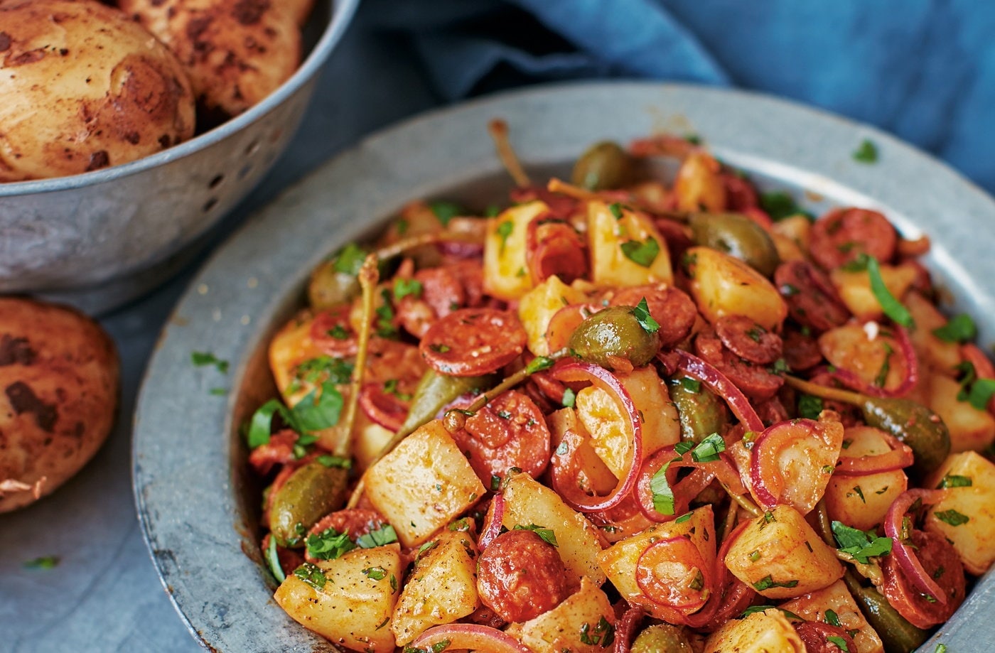 Potato salad with chorizo, caperberries and paprika