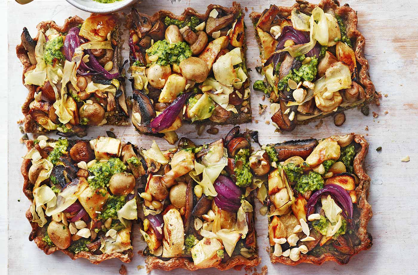 Mushroom nut roast tart with pesto