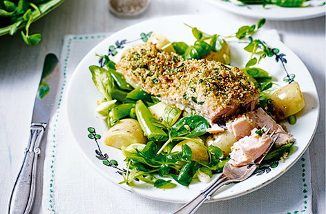 Image of "Couscous-crusted salmon with pea and potato salad"
