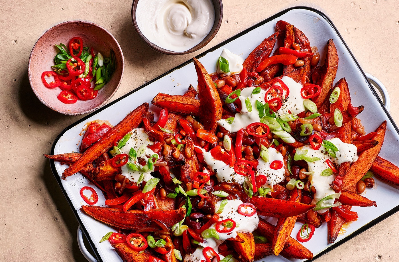 Chilli-loaded sweet potato fries