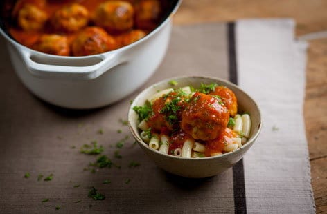 Image of "Andy Waters' turkey meatballs with pepper sauce"