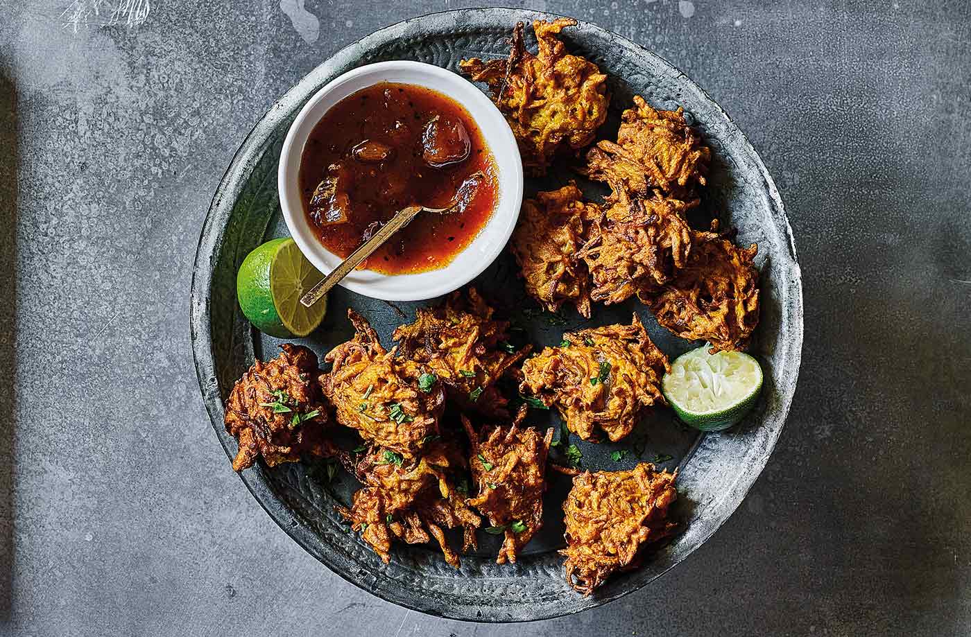 Squash, carrot and onion bhajis