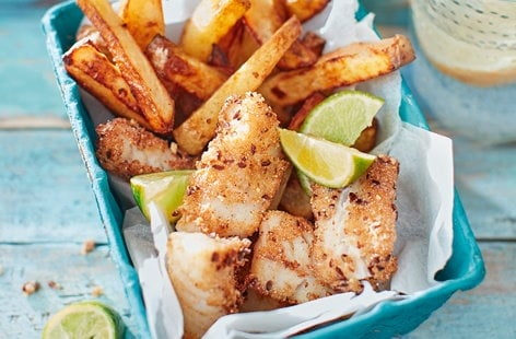 Image of "Lemon and thyme cod goujons and chips"