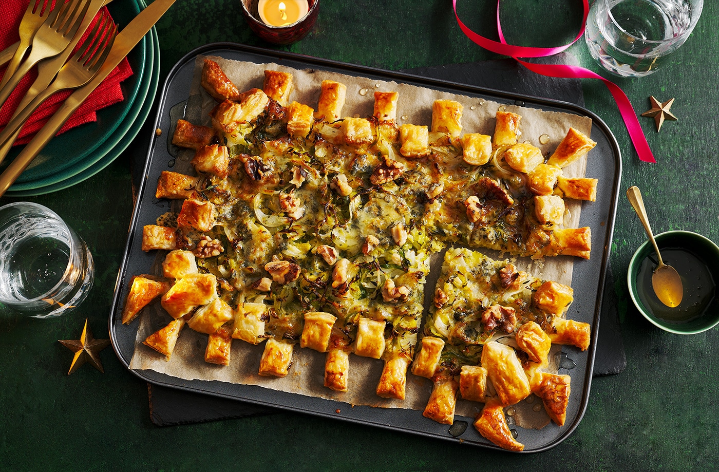 Sprout, blue cheese and walnut puff pastry tart