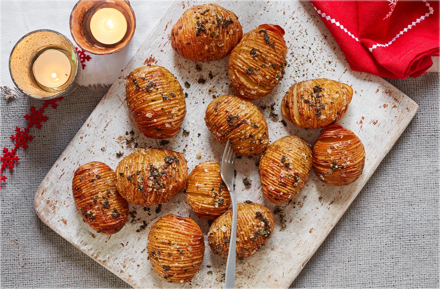 Sage and rainbow peppercorn hasselback potatoes