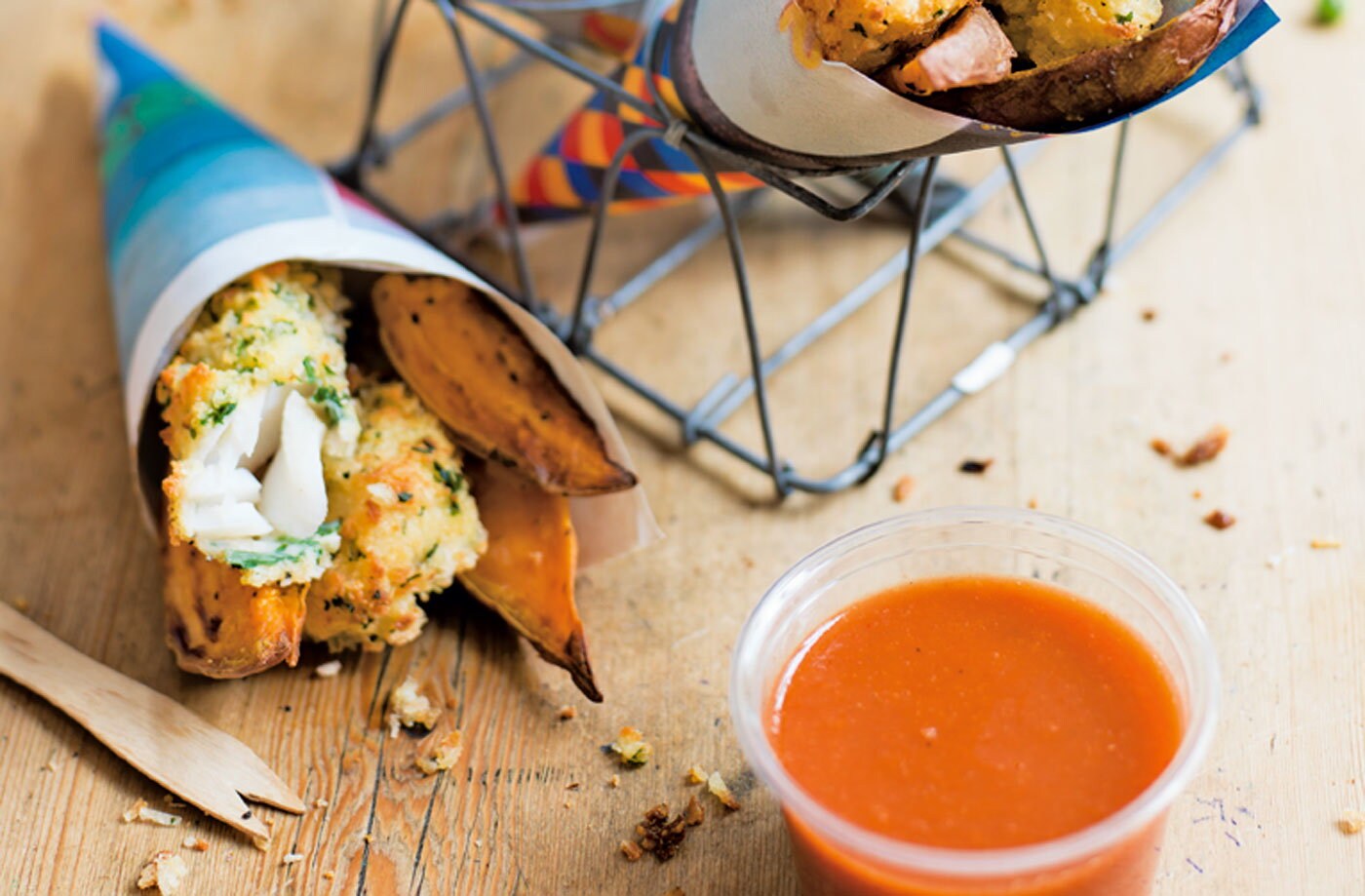 Fish fingers, sweet potato wedges and ketchup