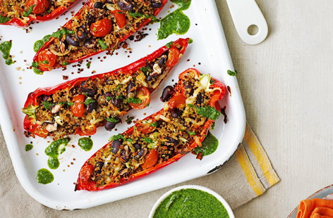 Image of "Quinoa and halloumi stuffed ramiro peppers with salsa verde"