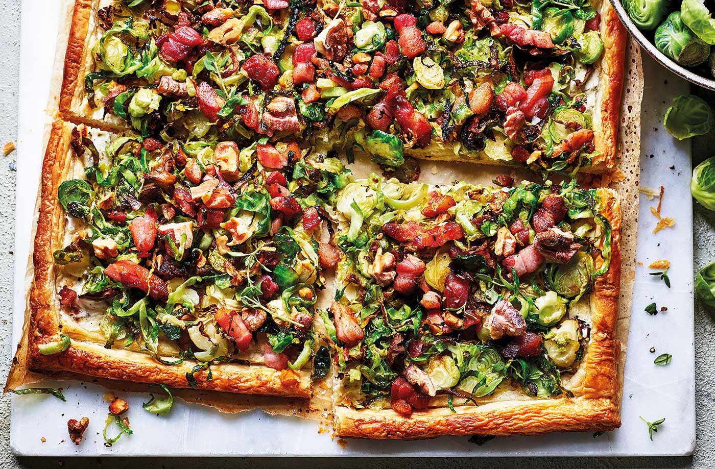 Shredded sprout and bacon tart
