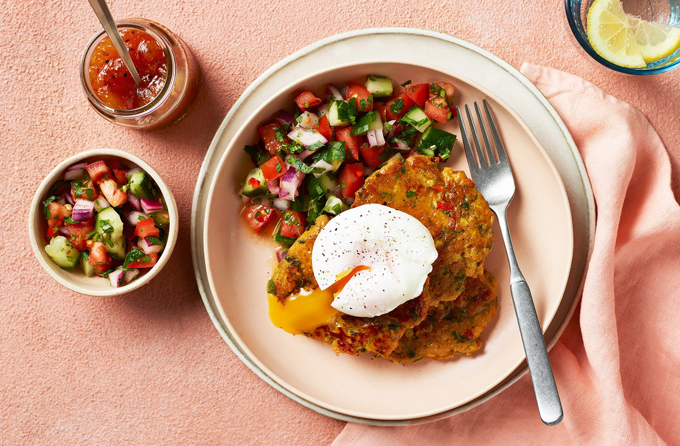 Dhal fritters with cucumber and tomato salad