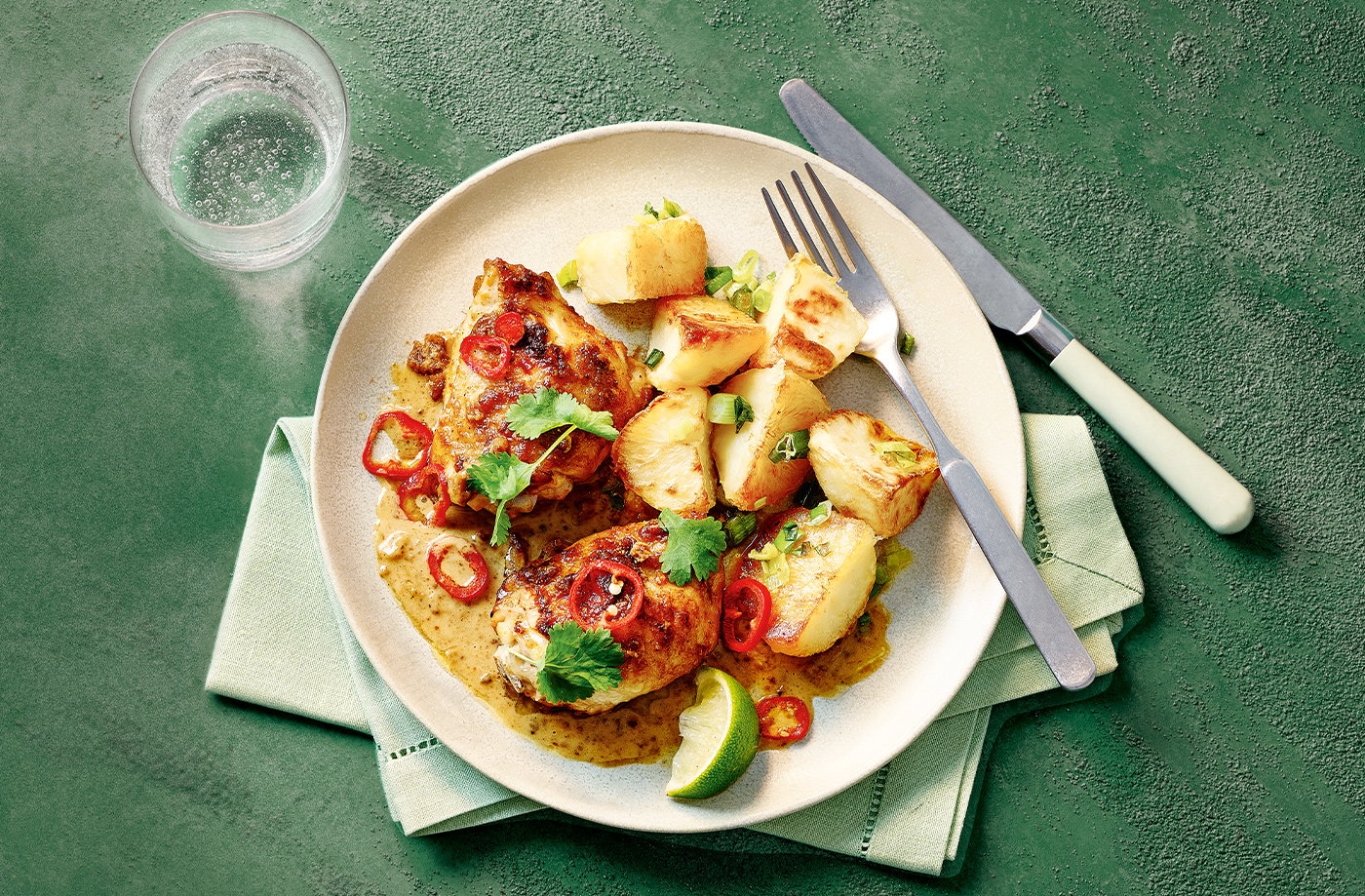 Satay chicken with spring onion roasties