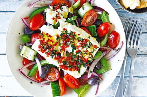 Image of "Baked feta with Greek salad and pitta chips"