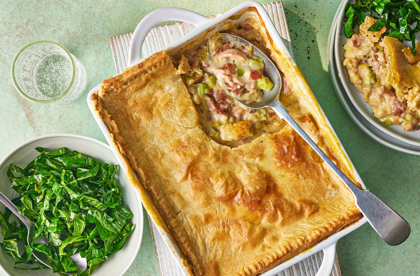 Chicken, leek and bacon pot pie with garlicky greens