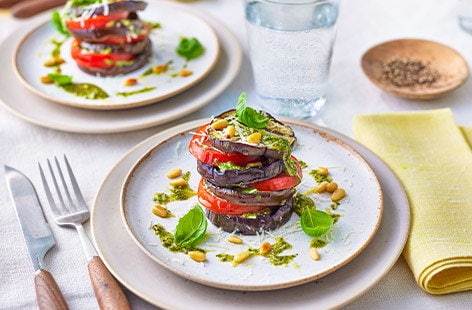 Image of "Aubergine, tomato and pesto stack"
