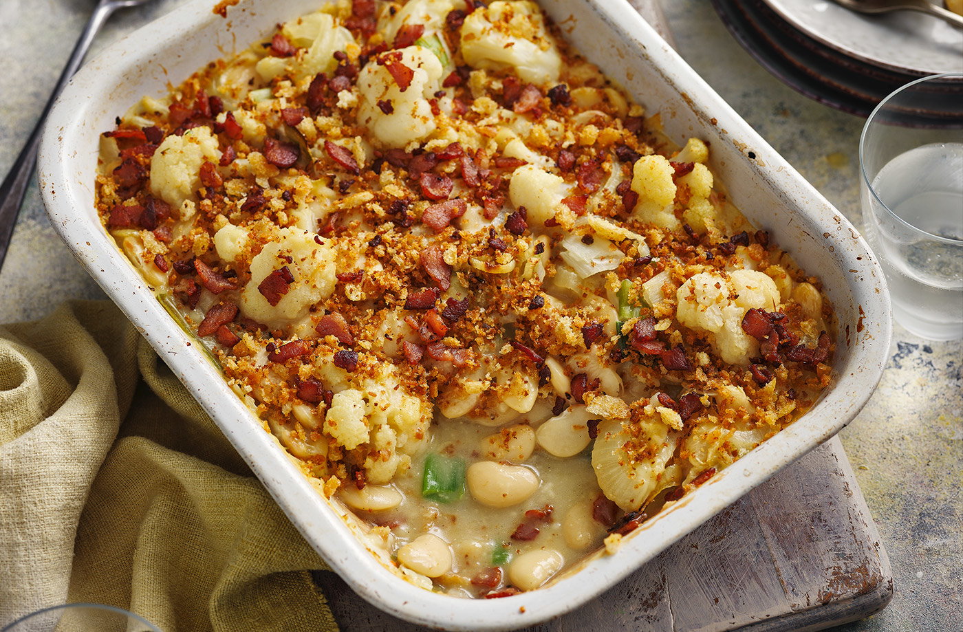 Cauliflower cheese and bean bake