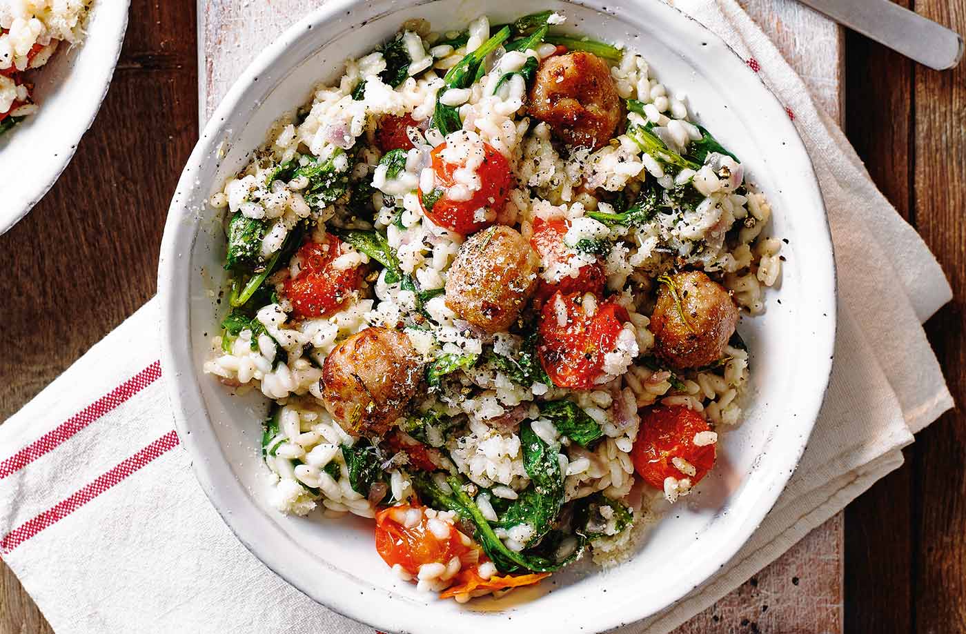 Meatball, spinach and tomato risotto