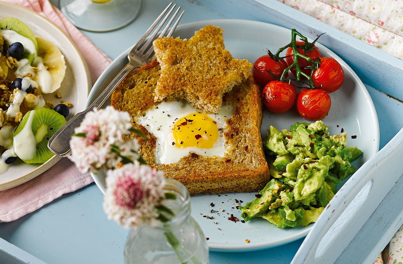 Star egg toast with avocado and tomatoes