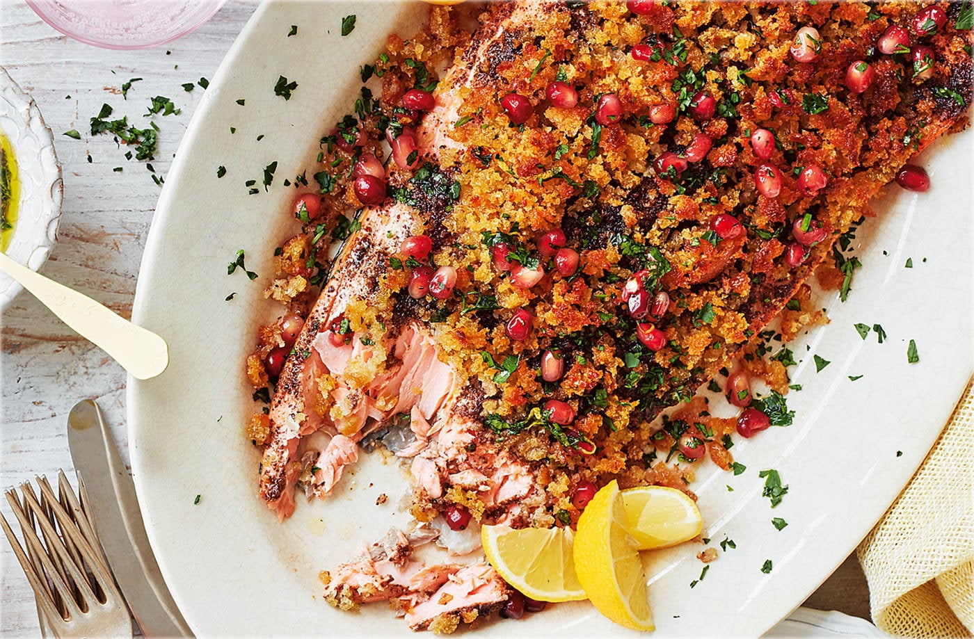 Spice-crusted salmon with parsley and pomegranate dressing