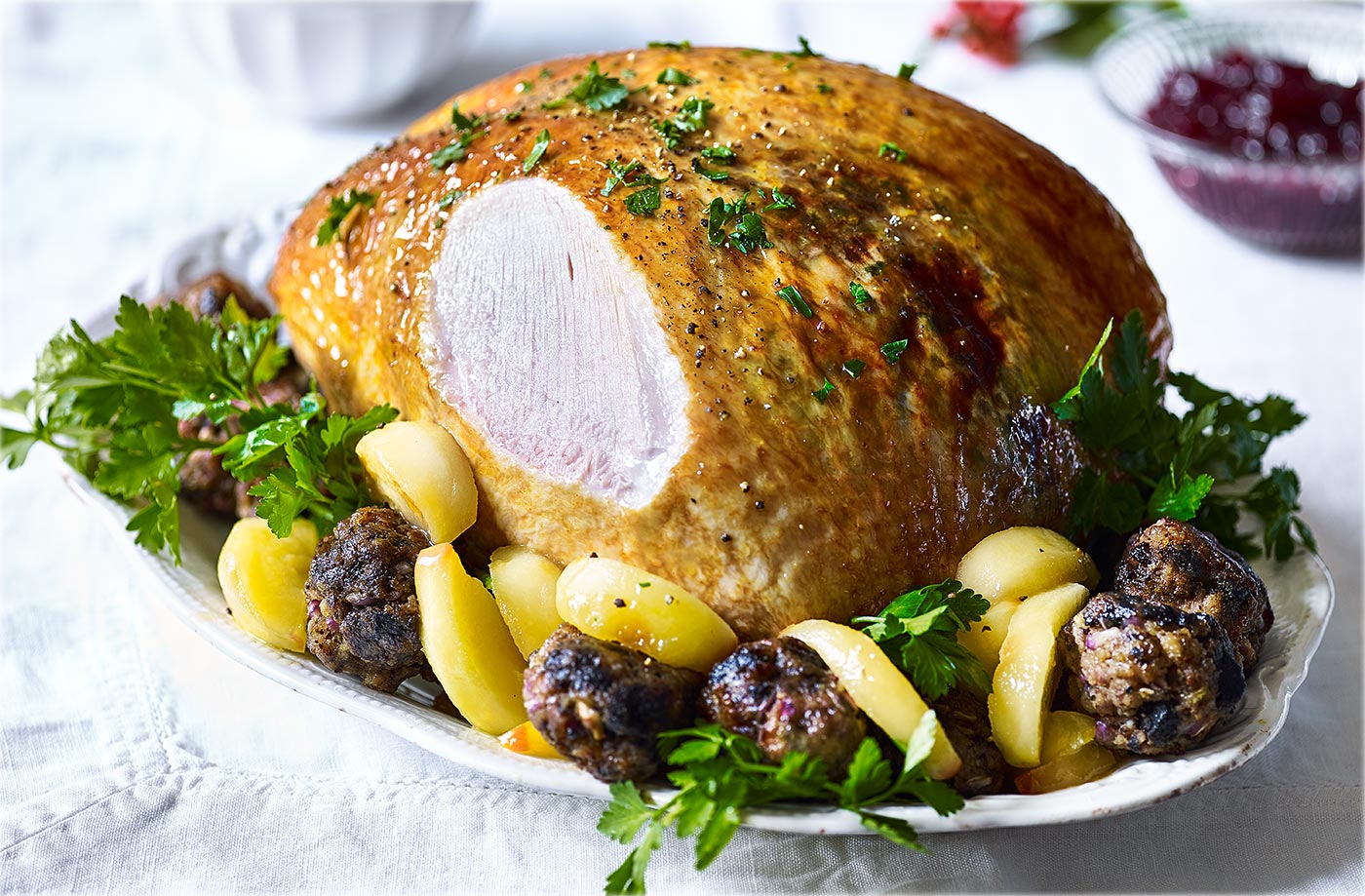 Roast turkey crown with apple and honey glaze 