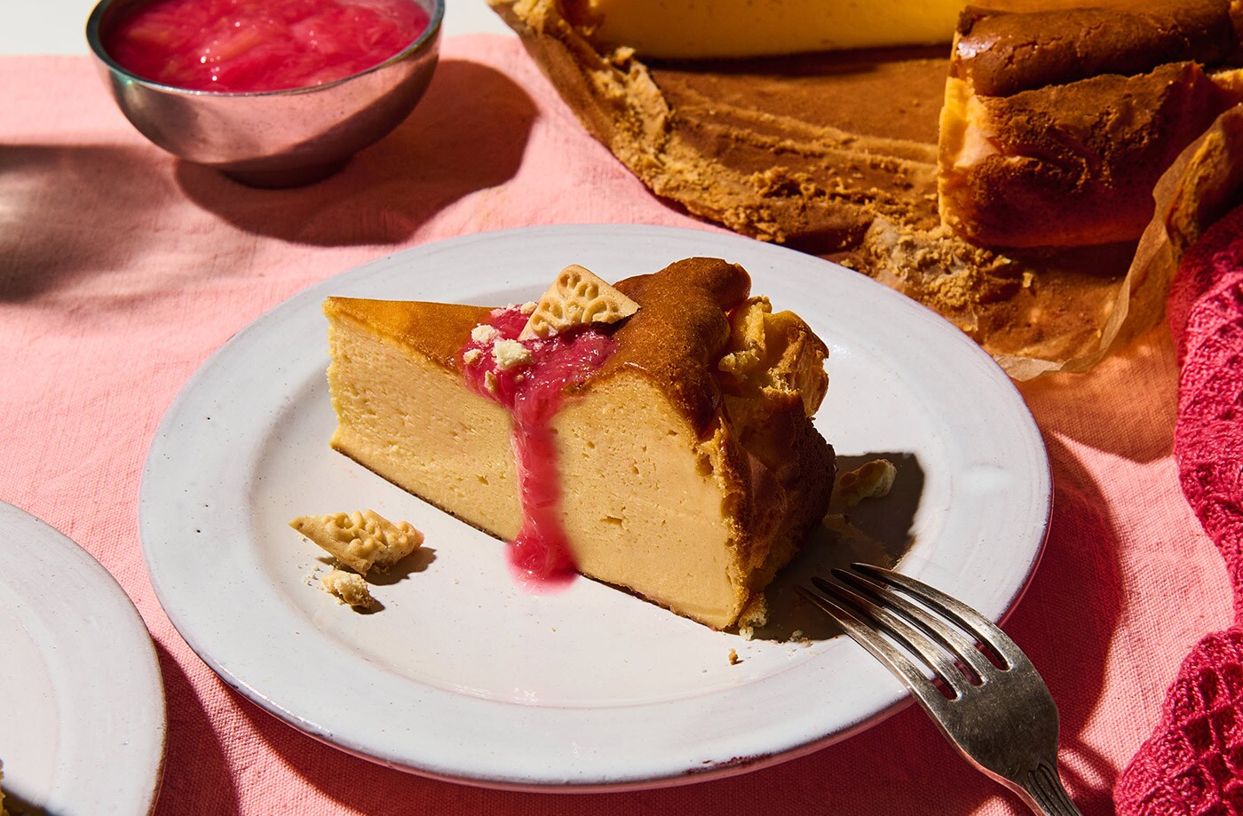 Rhubarb and custard Basque cheesecake