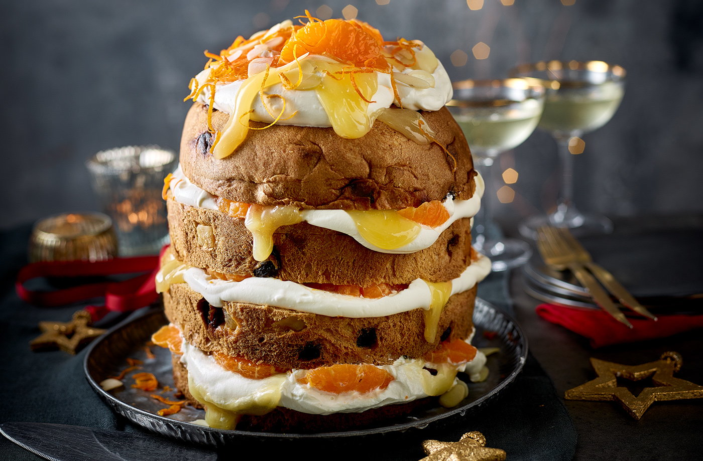Clementine and almond panettone stack