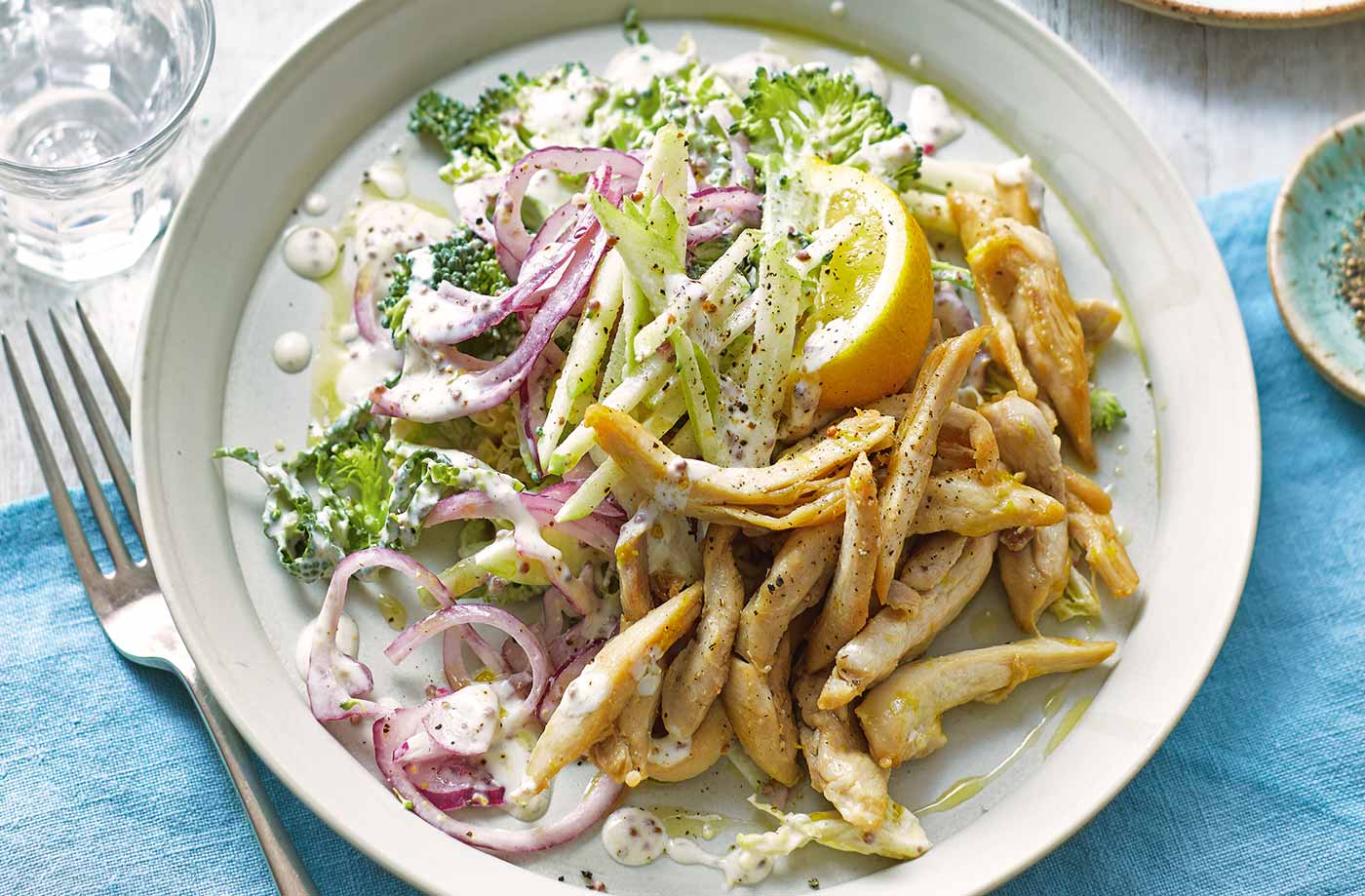 Lemon and garlic chicken strips with broccoli slaw