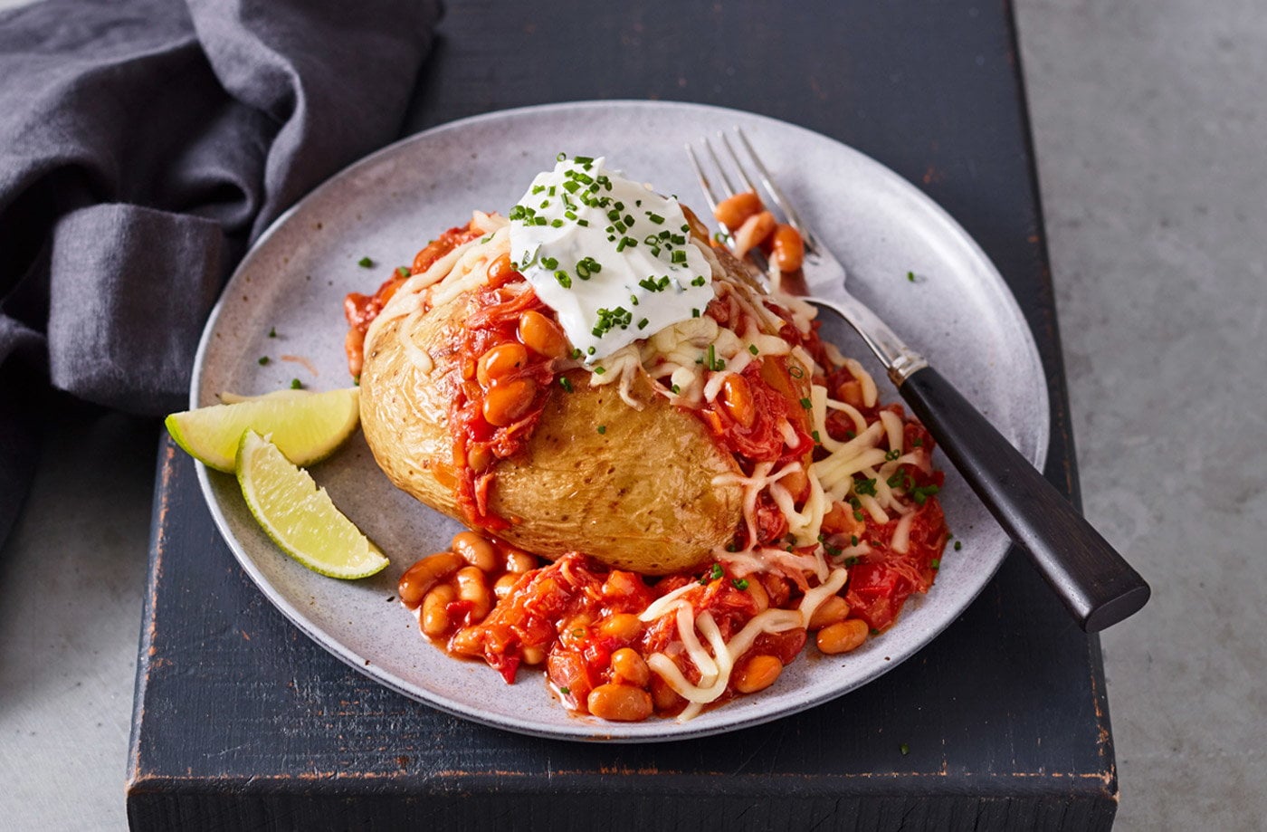Jacket potatoes and smoky BBQ beans