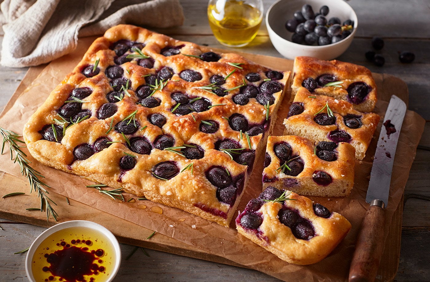 Grape focaccia with olive oil and rosemary