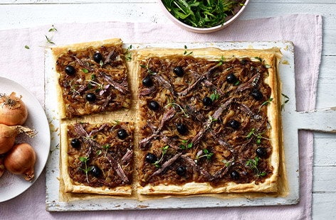 Image of "Caramelised onion, anchovy and thyme tart"