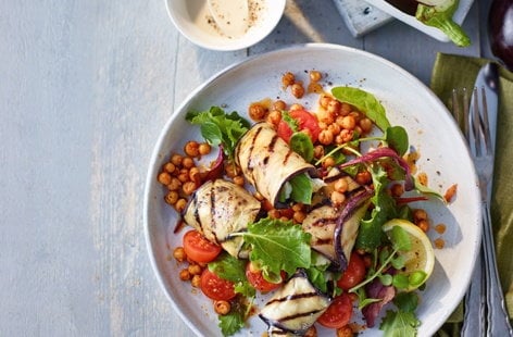 Image of "Aubergine and halloumi rolls with chickpea salad"