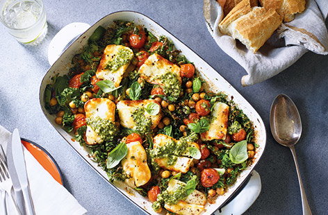 Image of "Baked halloumi with chickpeas and greens"