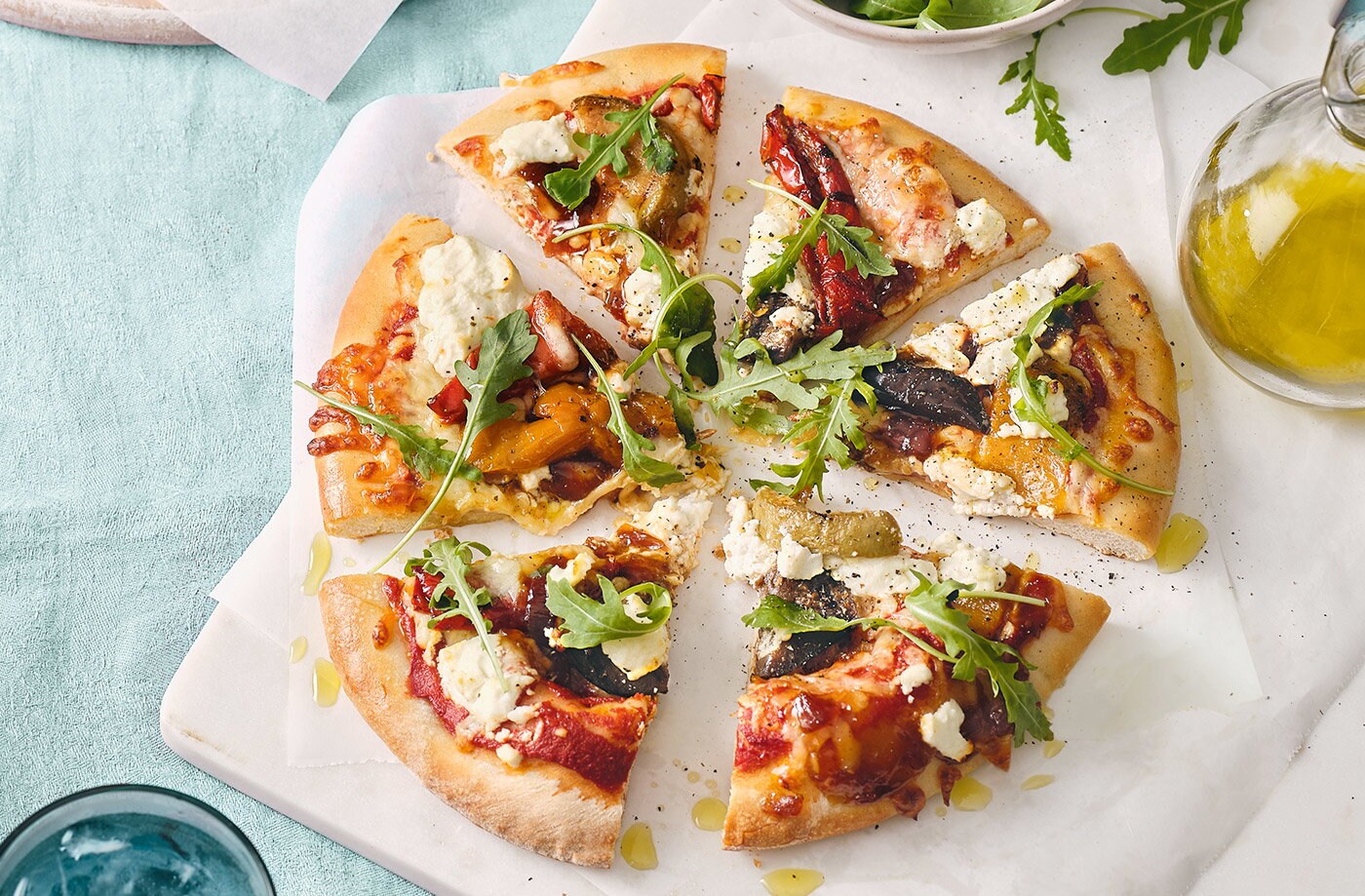 Chargrilled veg and goat's cheese pizzas