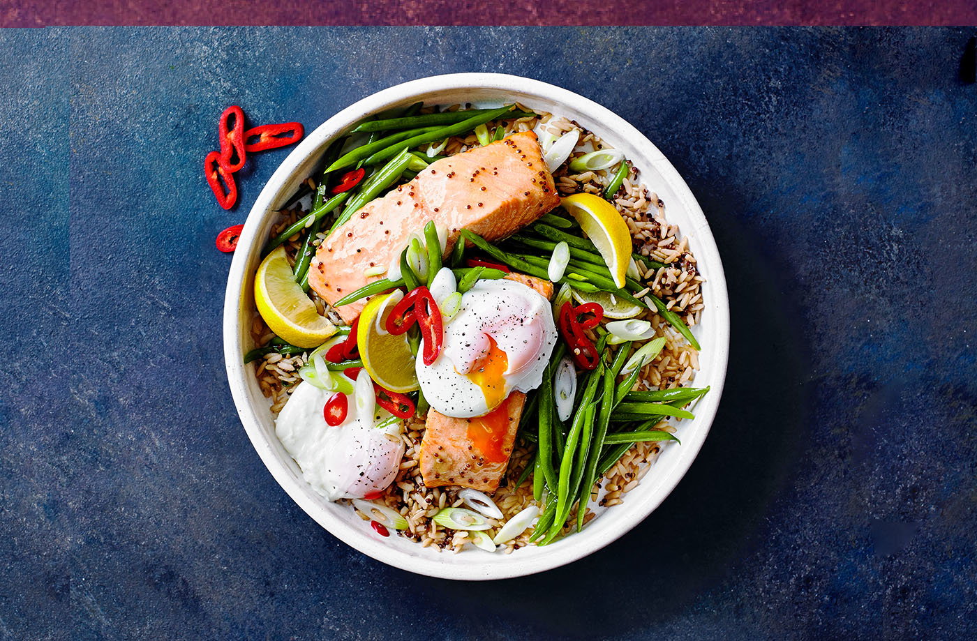 Honey and mustard salmon with poached eggs