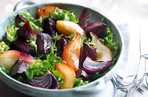 Image of "Roasted beetroot, pears and red onion with winter leaves"