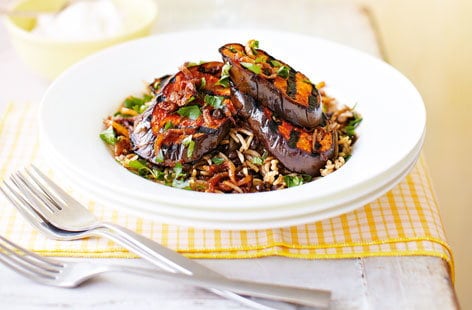 Image of "Middle Eastern rice and lentils with harissa aubergine"